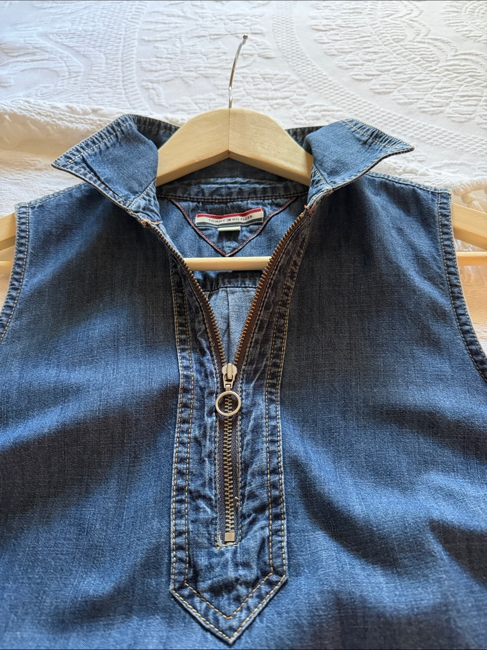 Tommy Hilfiger Sleeveless Denim Midi Dress in Dark Blue with Tie Waist - Picture 13 of 13
